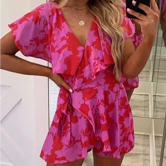Do + Be Open Back Cutout Hot Pink & Red Floral Romper  Dress - Size S - Picture 8 of 12